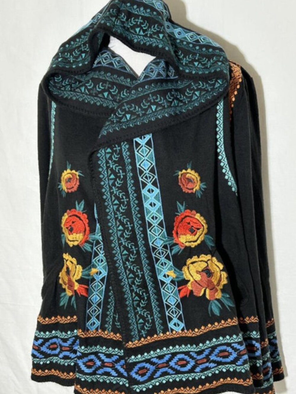 Bohemian Boho Hooded Jacket Sweater Black w Colorful Embroidery Women's Large